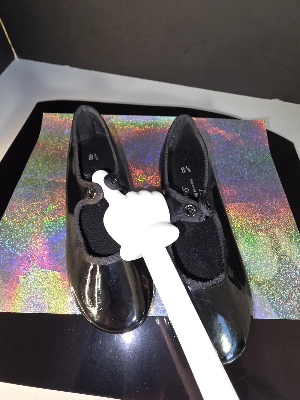 ABT American Ballet Theater Spotlights Black Patent Tap Jazz Shoes Sz 8.5 Flaw**